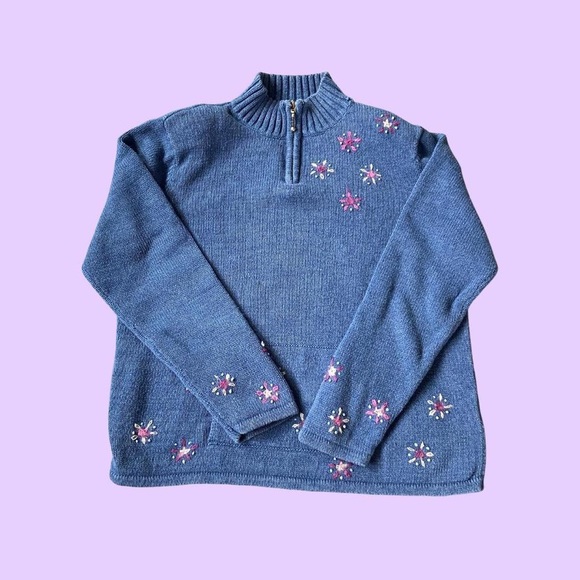 Vintage 90s Christopher & Banks Blue Embroidered Floral Knit Pull Over Sweater🔥 - Picture 1 of 2